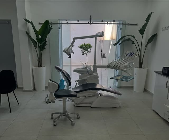 Salle de soins du Centre Dentaire Oudrhiri : fauteuil dentaire blanc et anthracite entre deux grandes plantes, devant une porte vitrée lumineuse.